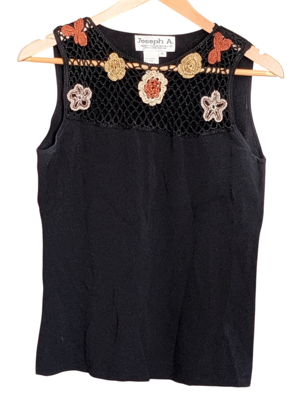 Joseph A Black Sleeveless Top with Crochet Floral Yoke in Gold and Rust XL Boho
